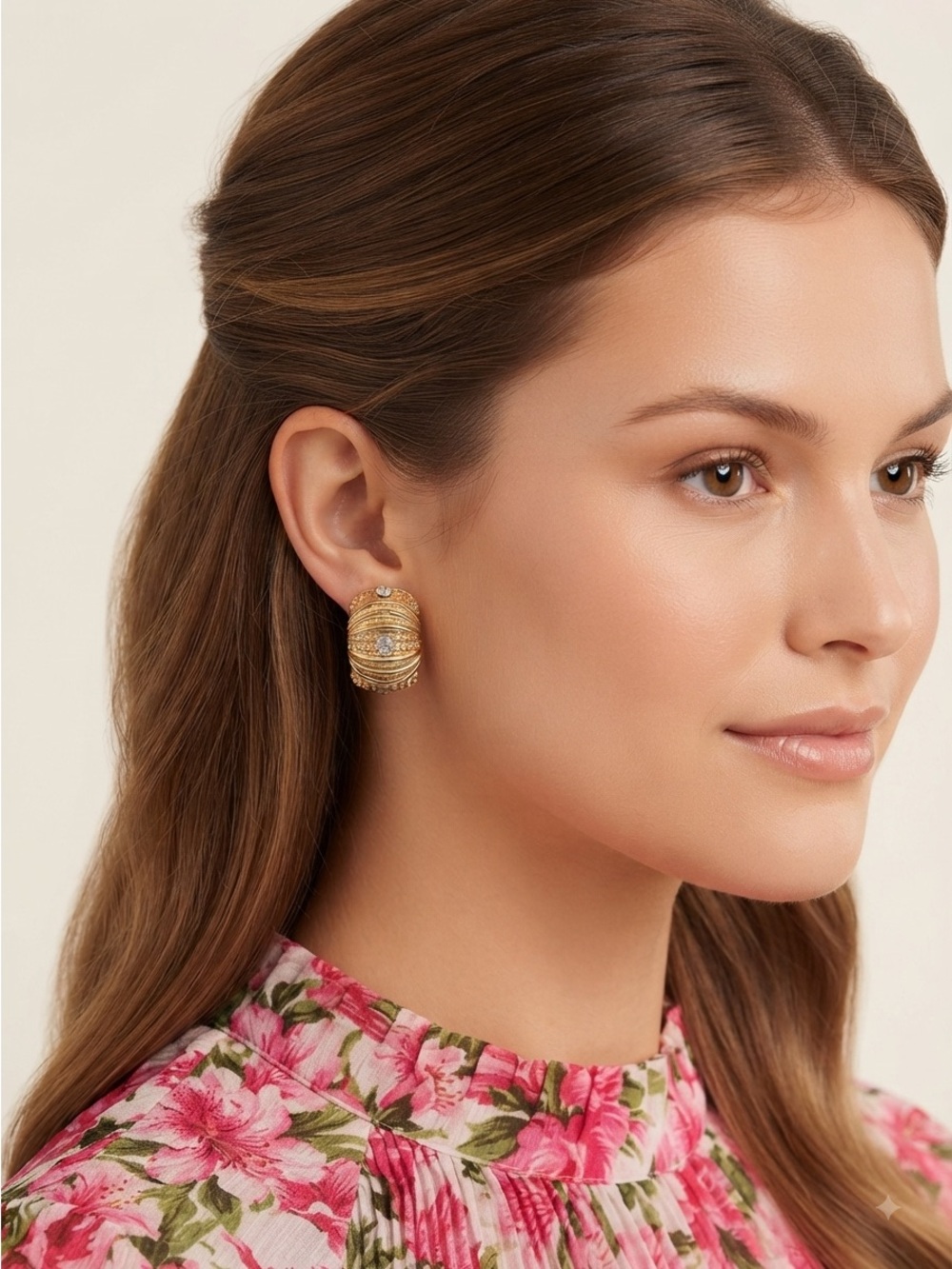 Vintage 80s Gold Dome Earrings | Ribbed Rhinestone Statement - Picture 5 of 14